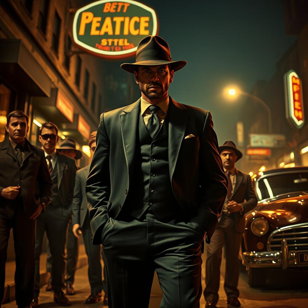 A dynamic and intense scene depicting a legendary mafia figure returning to their hometown