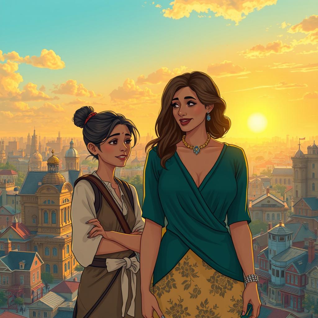 A scene illustrating a heartfelt moment between a young impoverished woman and a wealthy woman, showcasing their contrasting lifestyles