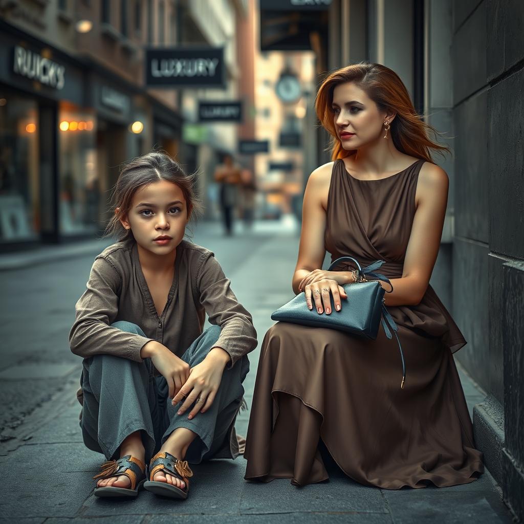 A young woman representing poverty, wearing simple worn-out clothes and a tired expression, sitting on the street
