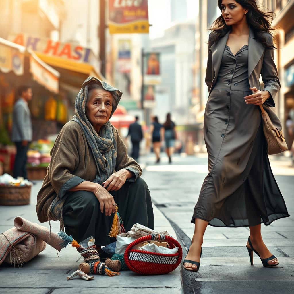 A poignant scene depicting the contrast between a poor woman and a wealthy woman in an urban setting