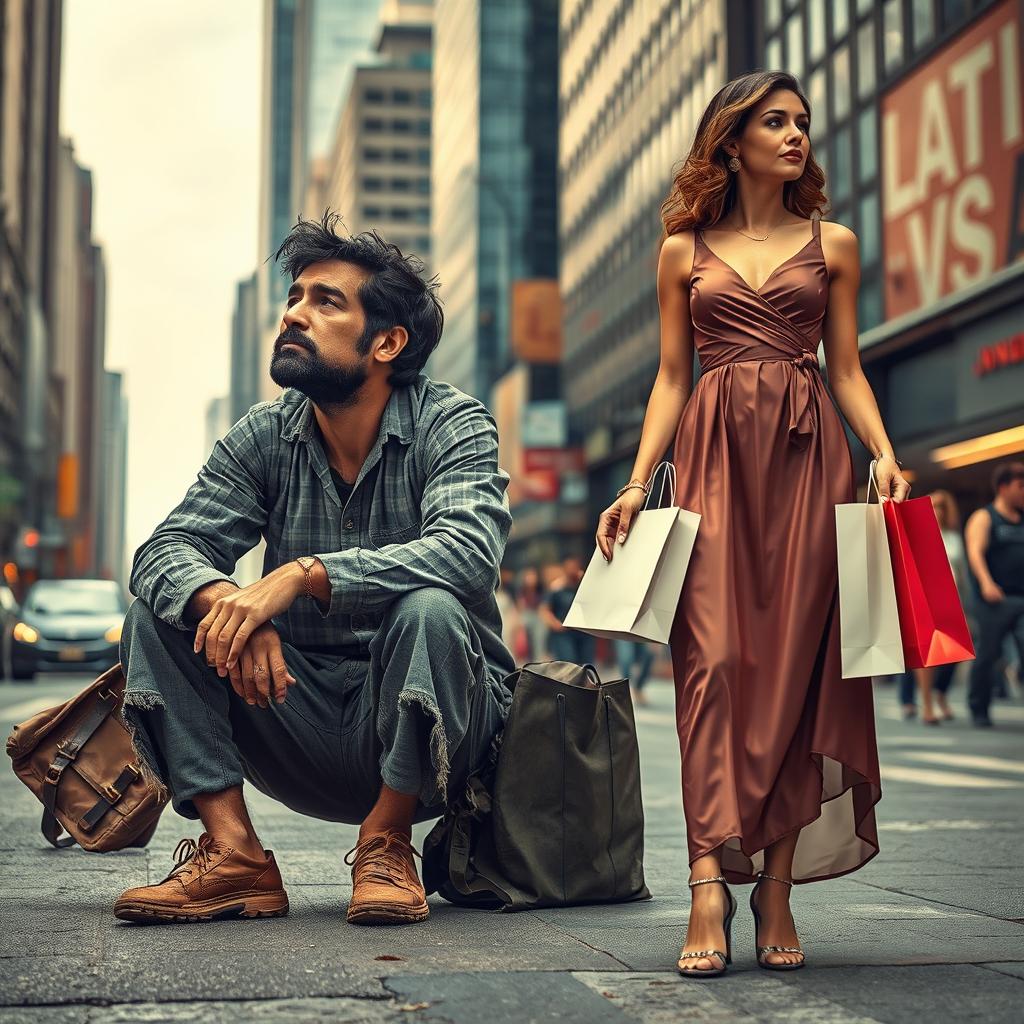 A visual story contrasting the lives of a poor man and a wealthy woman
