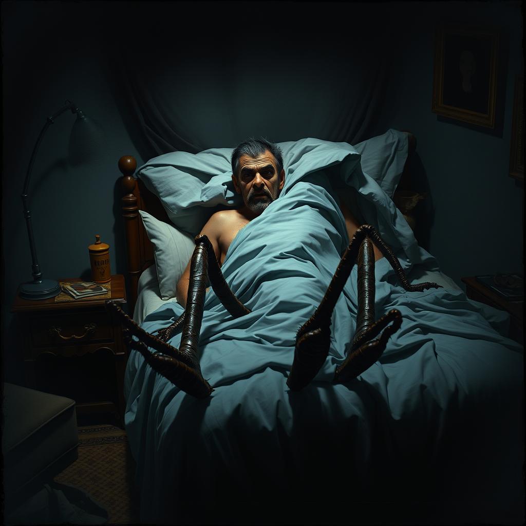 A scene depicting Gregor Samsa waking up in his bed, with an expression of horror on his face as he realizes he has transformed into a large, grotesque insect