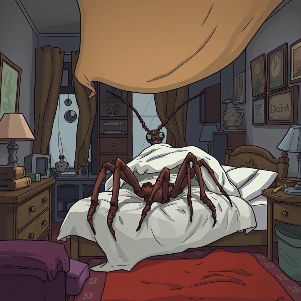 Gregor Samsa wakes up in his bed, in a moment of horrifying realization that he has transformed into a large, grotesque insect
