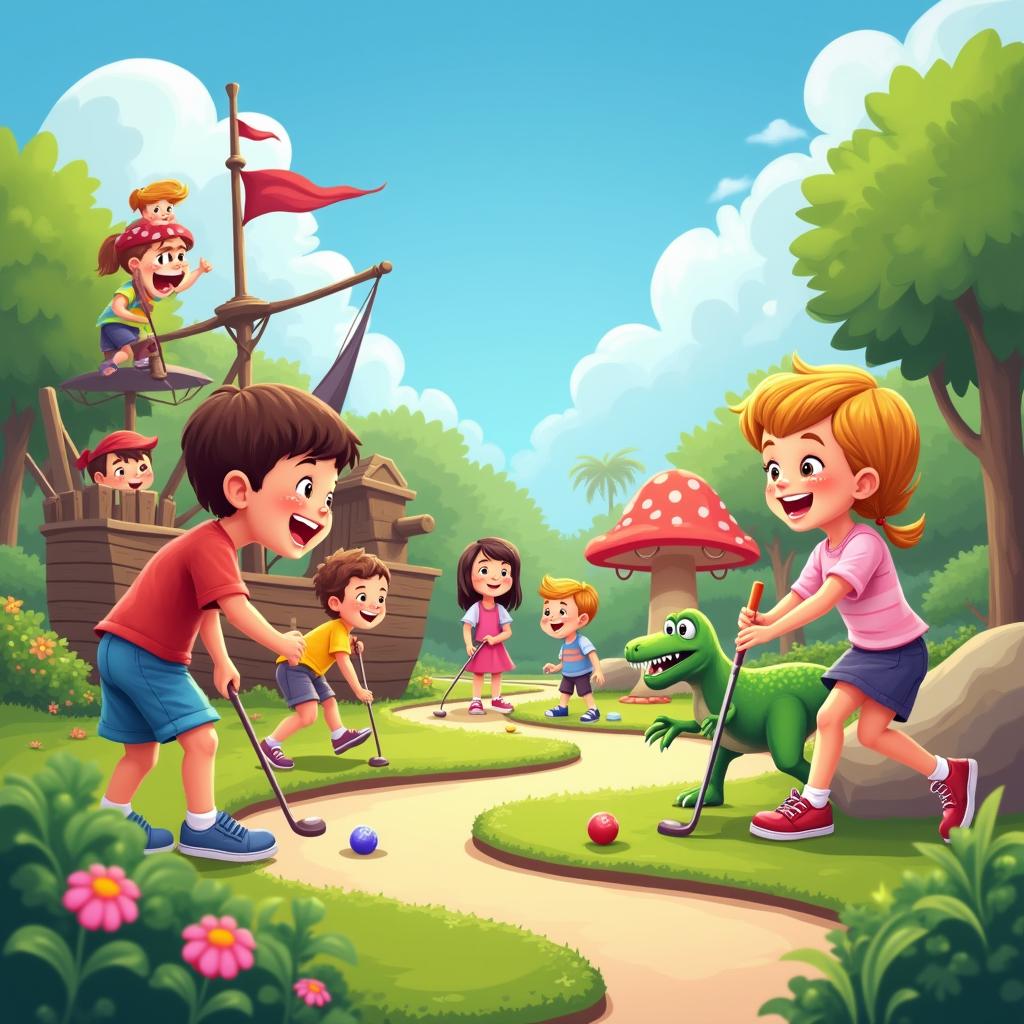A vibrant and colorful mini-golf scene filled with playful and joyous children engaging in a fun game of mini-golf