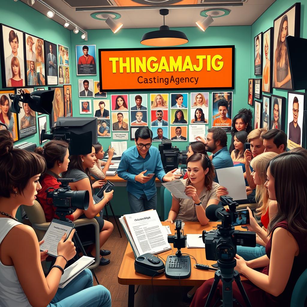 A vibrant and creative representation of a fictional casting agency called 'Thingamajig Casting Agency'