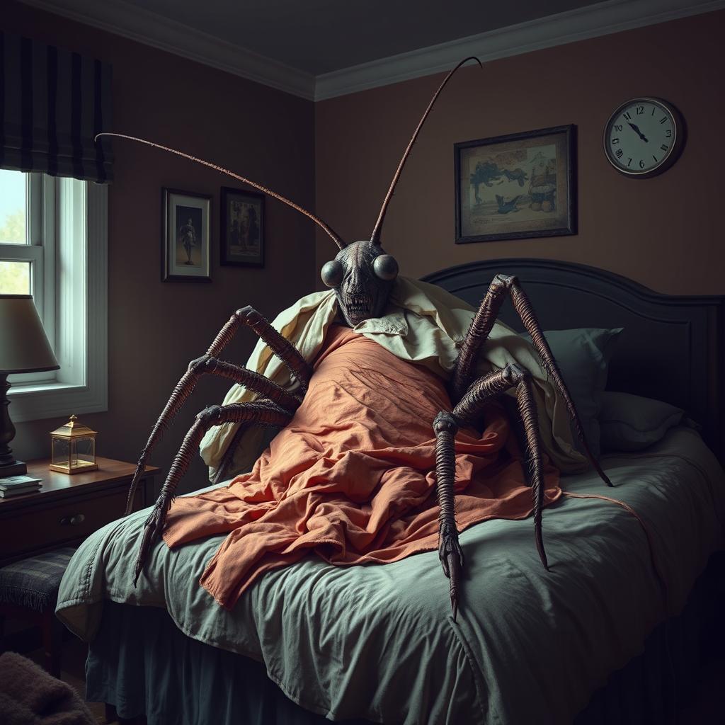 A dramatic scene depicting a large, grotesque insect that was once a human, awakening in its bed with a sense of terror and disbelief