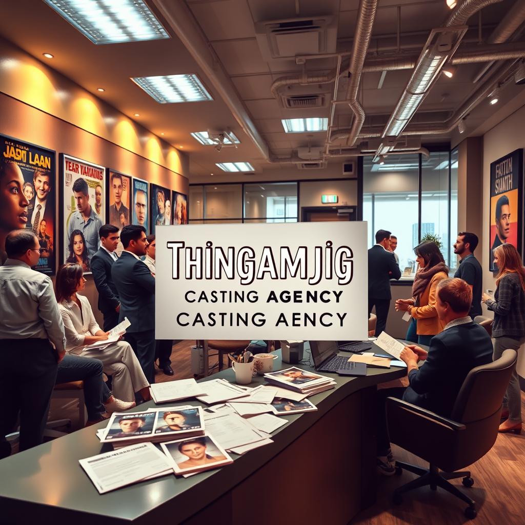 A professional, modern office setting for a casting agency named 'Thingamajig Casting Agency'