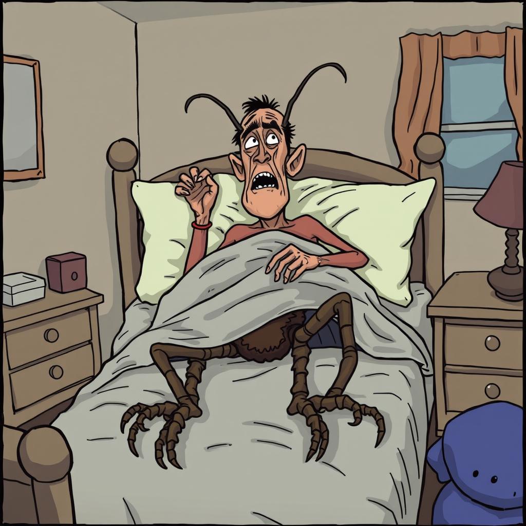 Gregory Samsa awakens in his bed, paralyzed by horror as he realizes he has transformed into a large, grotesque insect
