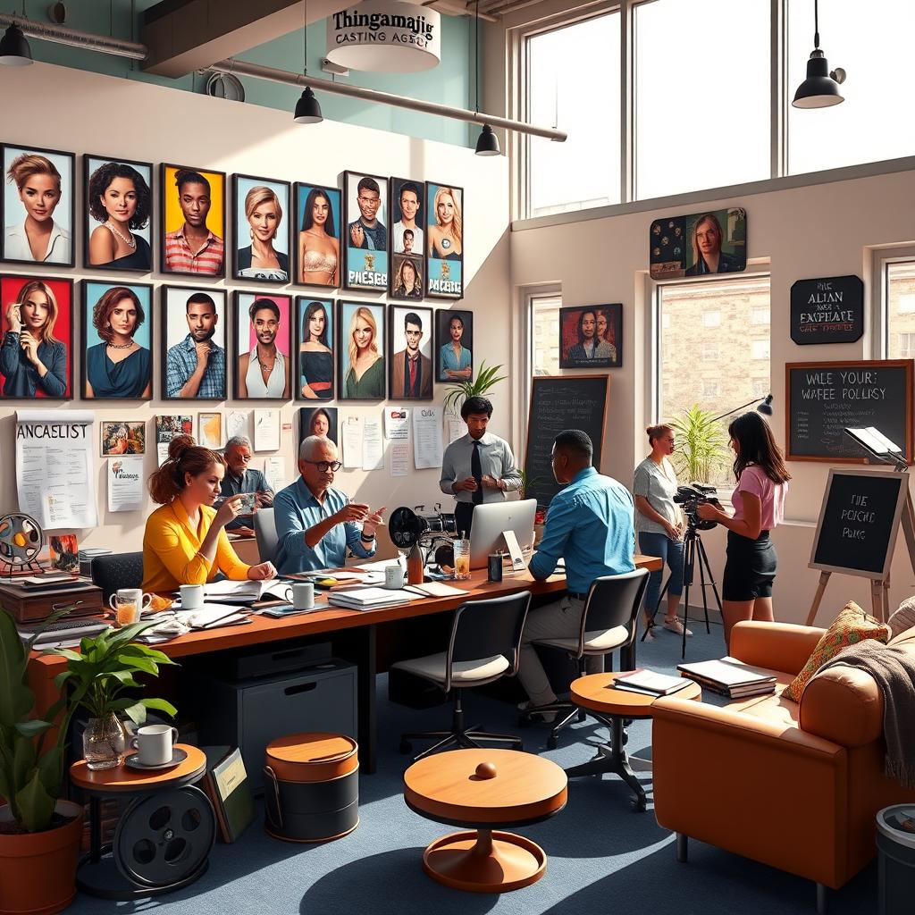 A vibrant and colorful representation of a fictional casting agency called 'Thingamajig Casting Agency'