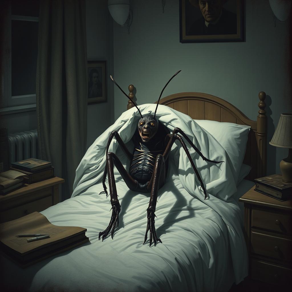 Gregor Samsa awakens in his bed, horrified to discover he has transformed into a large, grotesque insect