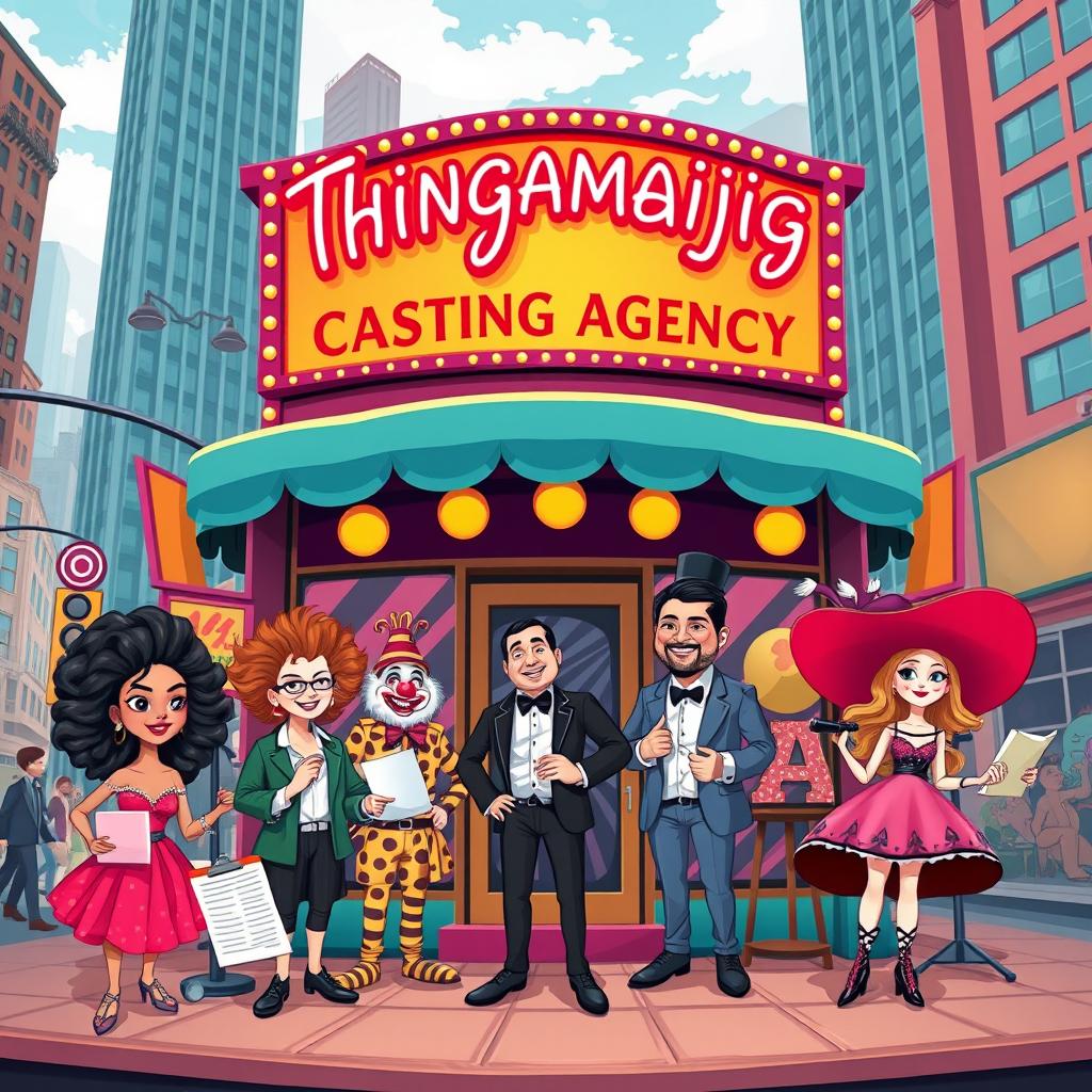A creative and vibrant poster design for the 'Thingamajig Casting Agency', showcasing a whimsical and colorful atmosphere