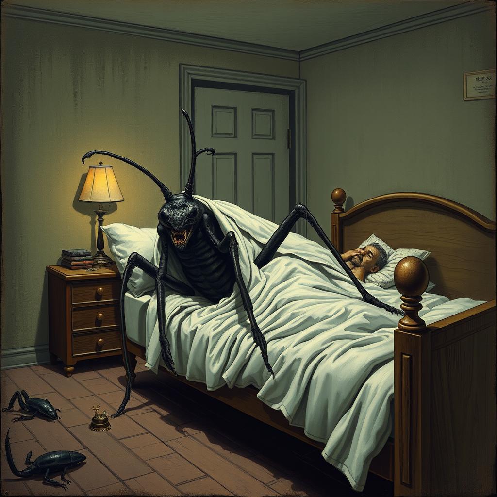 Gregor Samsa wakes up in his bed, filled with terror as he realizes he has transformed into a large grotesque insect