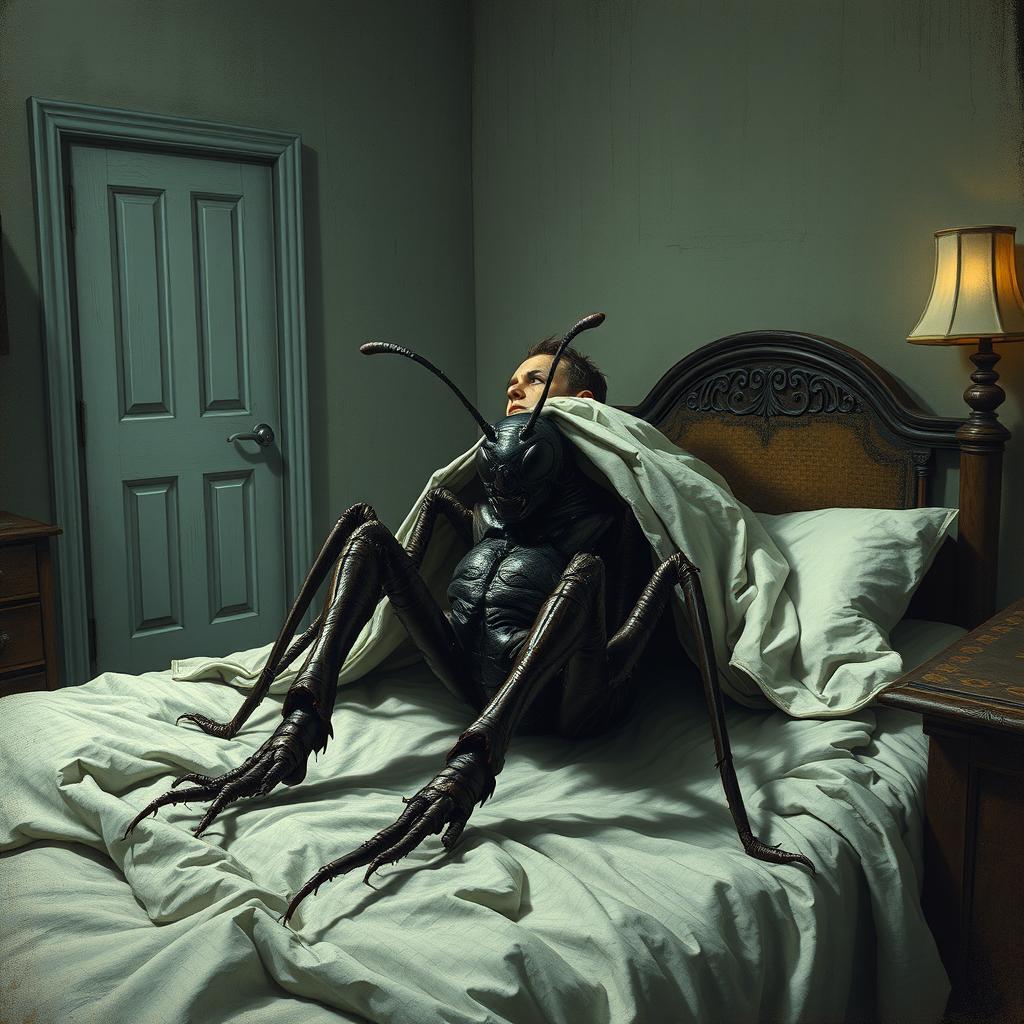 Gregor Samsa wakes up in his bed, realizing with horror that he has transformed into a large, grotesque insect