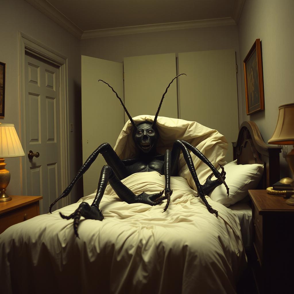 A surreal scene depicting the moment of transformation of Gregor Samsa from Kafka's 'The Metamorphosis'