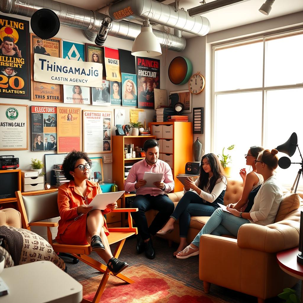 A whimsical and colorful office space for a fictional casting agency named 'Thingamajig Casting Agency'