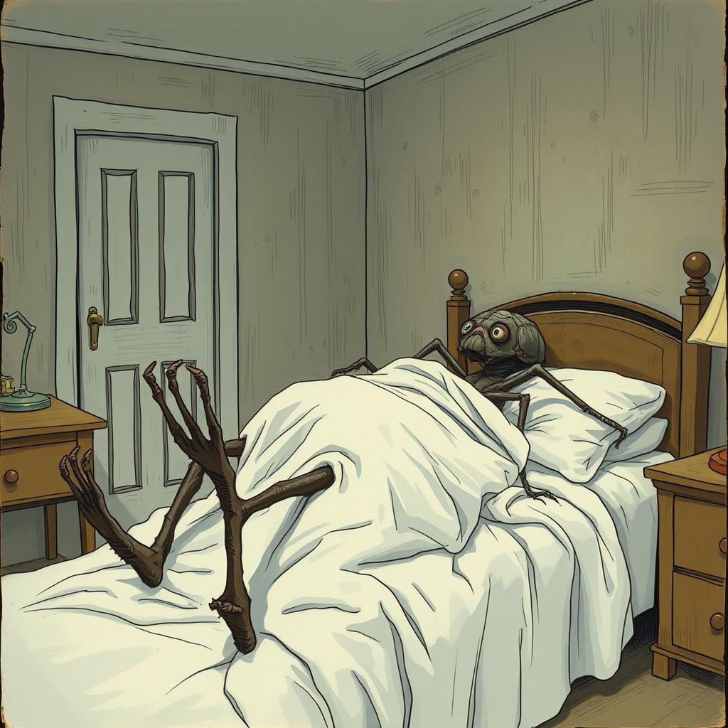 Gregor Samsa waking up in bed, horrified to discover he has transformed into a large, ugly insect