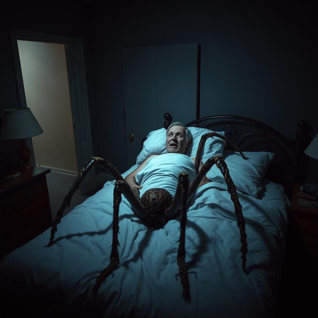 In a dimly lit bedroom, a man awakens in bed with a look of horror on his face, realizing he has transformed into a large, grotesque insect