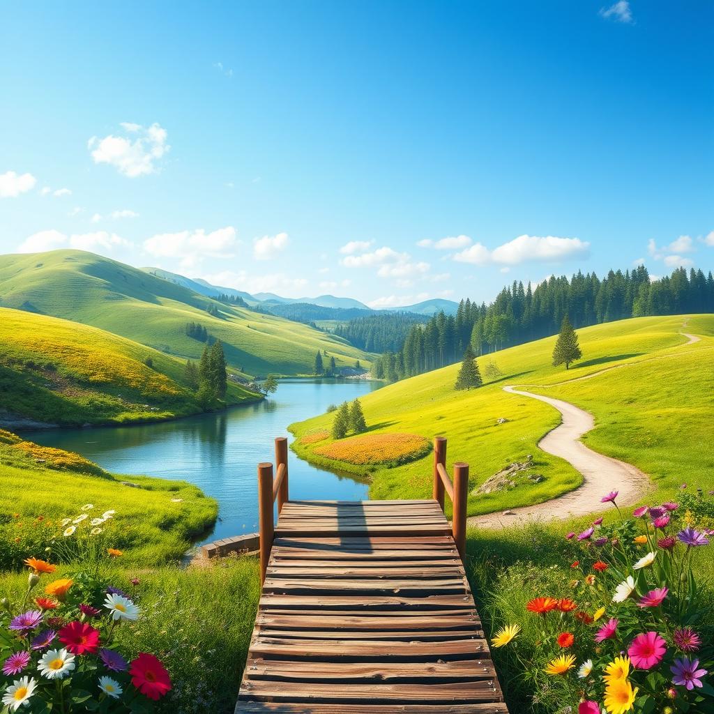 A visual representation of a serene landscape with rolling hills, lush greenery, and a clear blue sky
