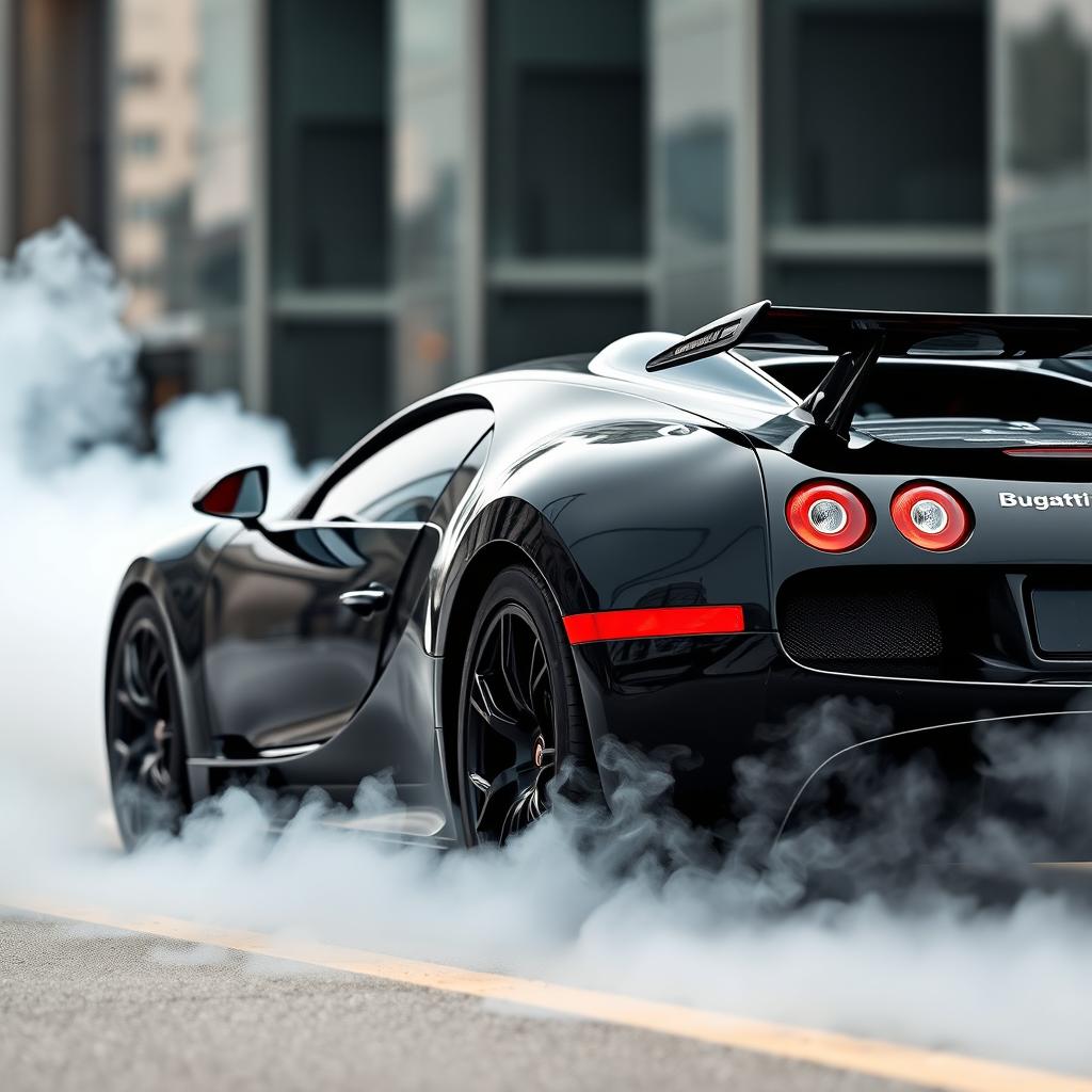 A sleek and luxurious black Bugatti viewed from the side, showcasing its aerodynamic design and glossy finish
