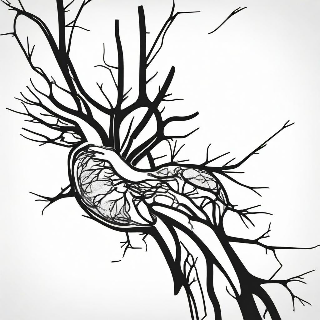 A high contrast, black and white vector-style illustration of coronary arteries on a white background. Maintain a simple, flat design and line art style without any use of colors.