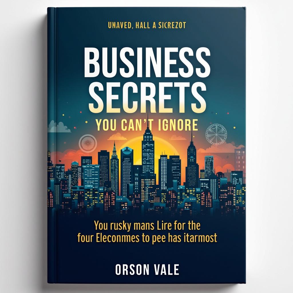 A flat book cover design showcasing a realistic city skyline during dusk, symbolizing business and opportunity