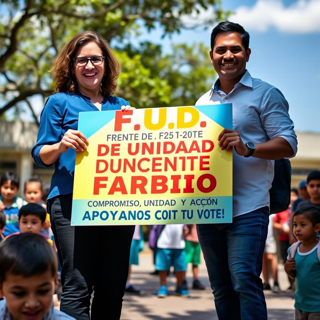 Two enthusiastic teachers standing together, both smiling and holding a large colorful sign that reads "F