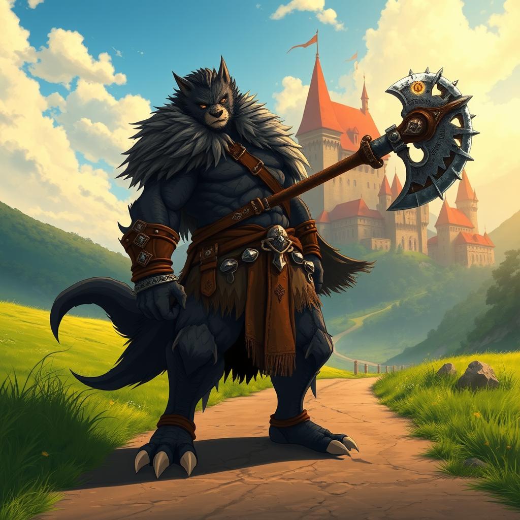 Anime-style wide-shot inspired by Studio Ghibli, depicting a tall, muscular werewolf warrior standing prominently on a dirt road