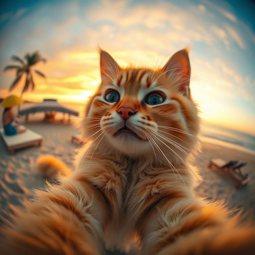 An adorable big fluffy yellow cat playfully taking a selfie at the beach during a stunning sunset