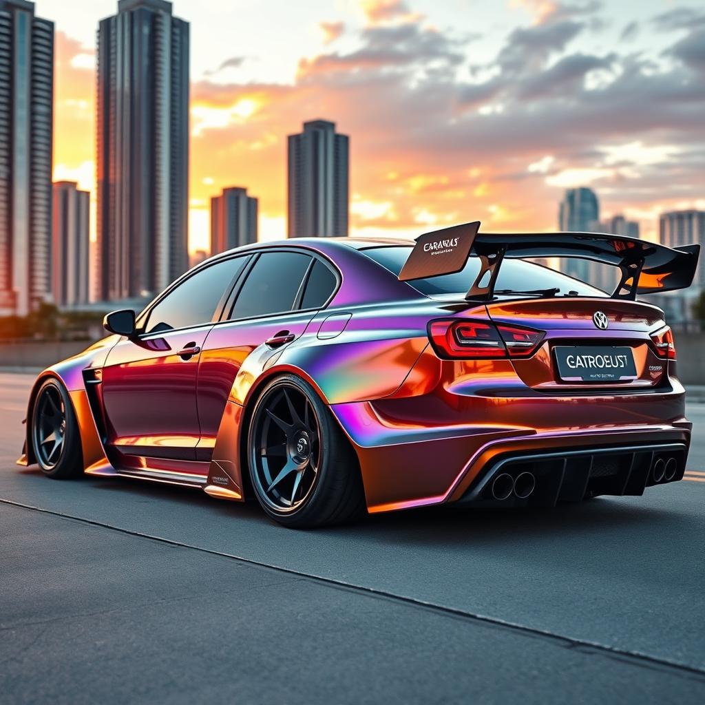 A stunning car featuring an aggressive widebody kit that emphasizes its aerodynamic design and sporty aesthetics