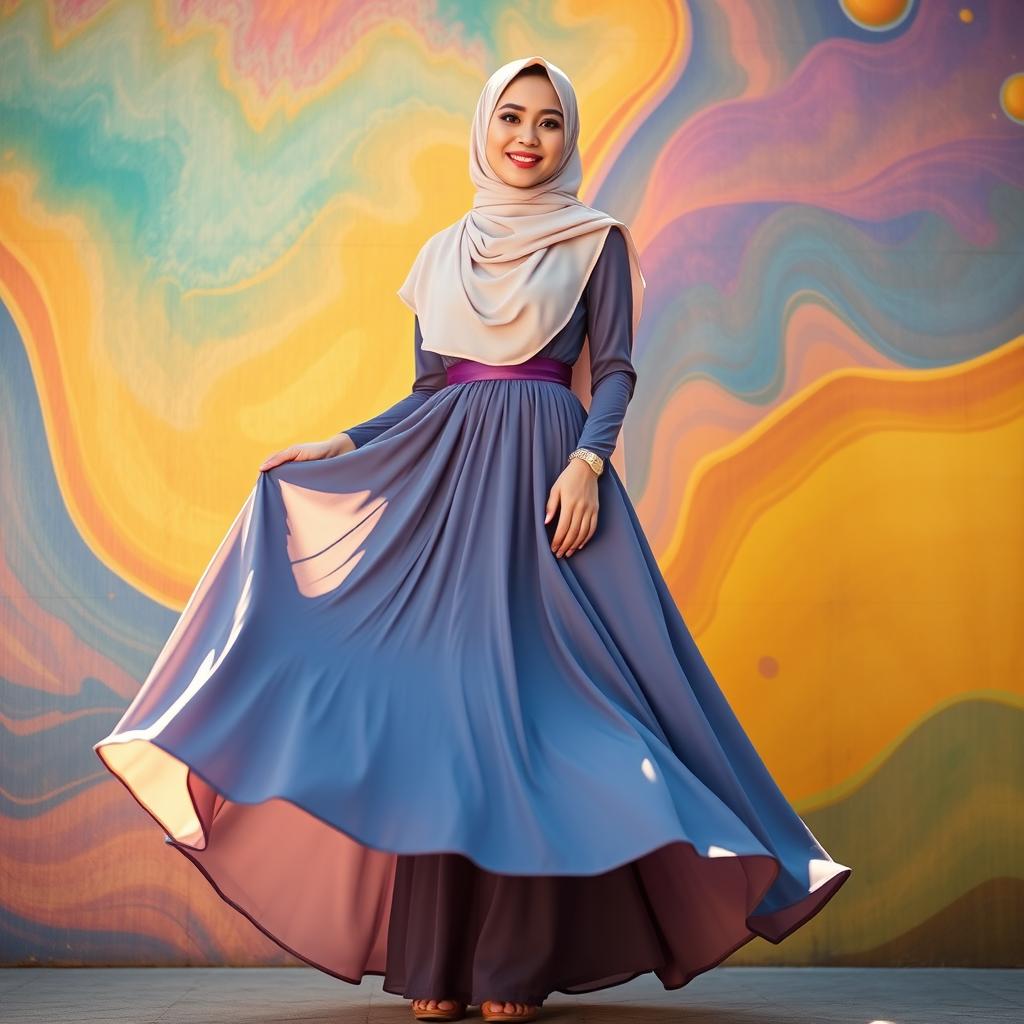 A stunning Muslim woman wearing a beautifully styled long skirt, standing confidently against a vibrant backdrop