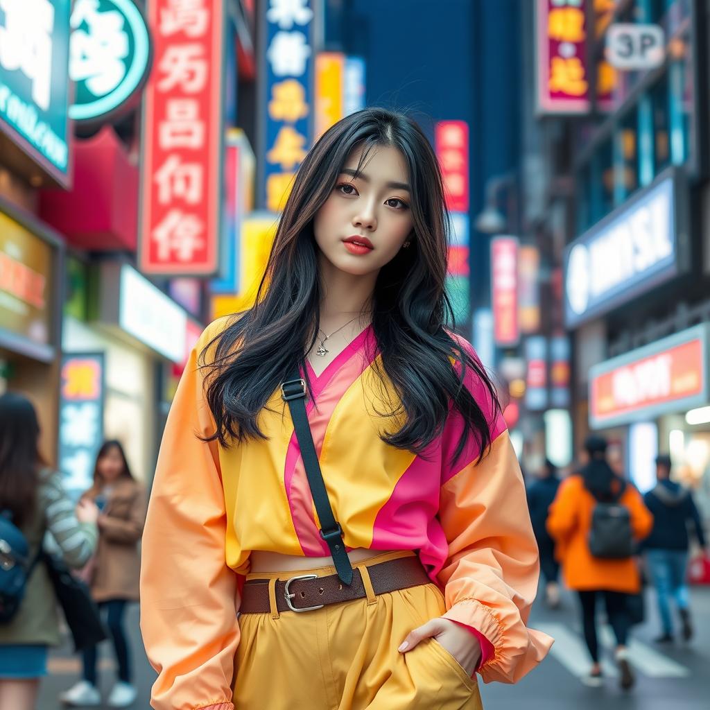 A young, fashionable Korean woman in vibrant streetwear, confidently posing in a bustling urban environment