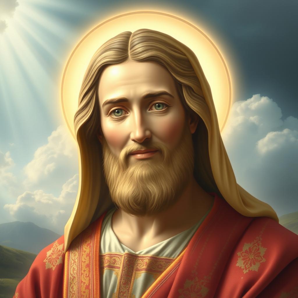 A divine representation of a saint, depicted with serene facial features, a gentle smile, and captivating eyes reflecting kindness and wisdom