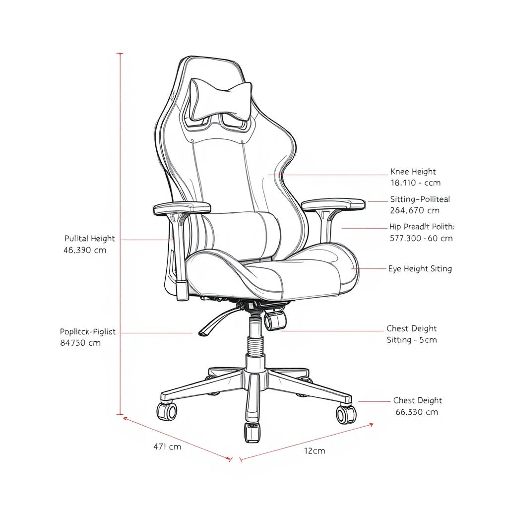 A detailed sketch of a gaming chair featuring adjustable wheels