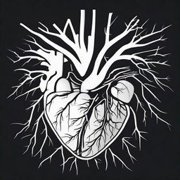 A high contrast, black and white vector-style illustration of coronary arteries on a white background. Maintain a simple, flat design and line art style without any use of colors.