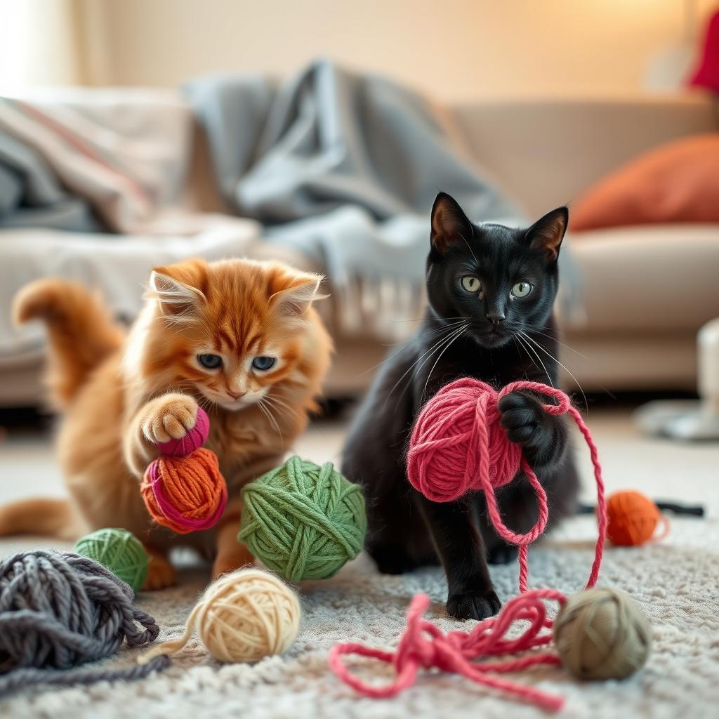 A playful scene featuring two adorable cats, one a fluffy orange tabby and the other a sleek black cat, both engaging with colorful yarn balls in a cozy living room setting