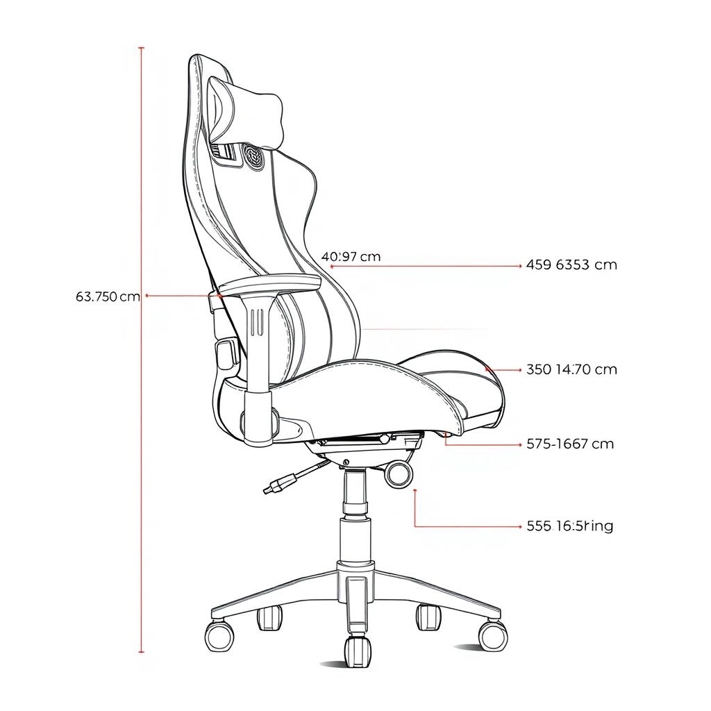 A detailed sketch of a gaming chair designed for ergonomic support, showcasing its sleek curves and modern aesthetics