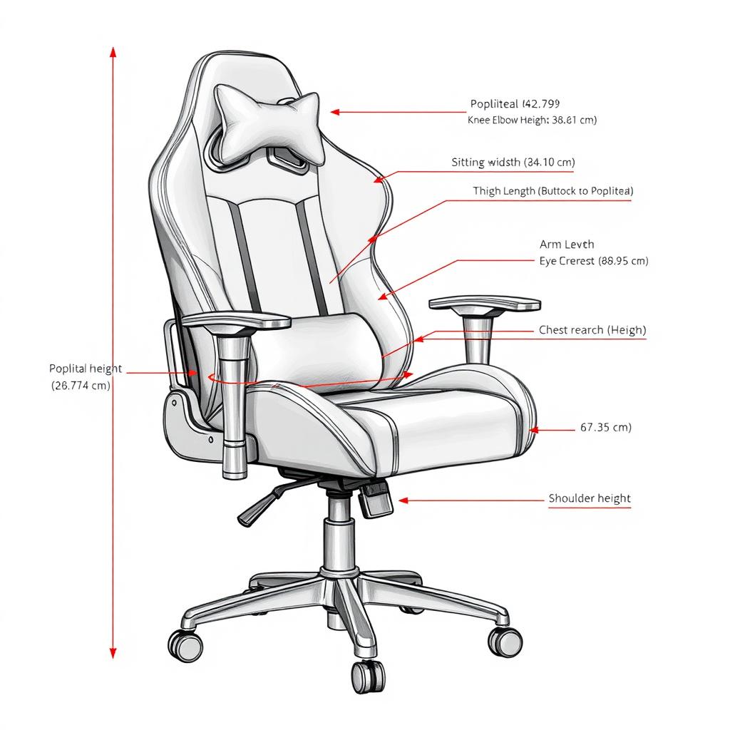 A detailed sketch of a modern gaming chair, featuring plush cushioning and ergonomic design