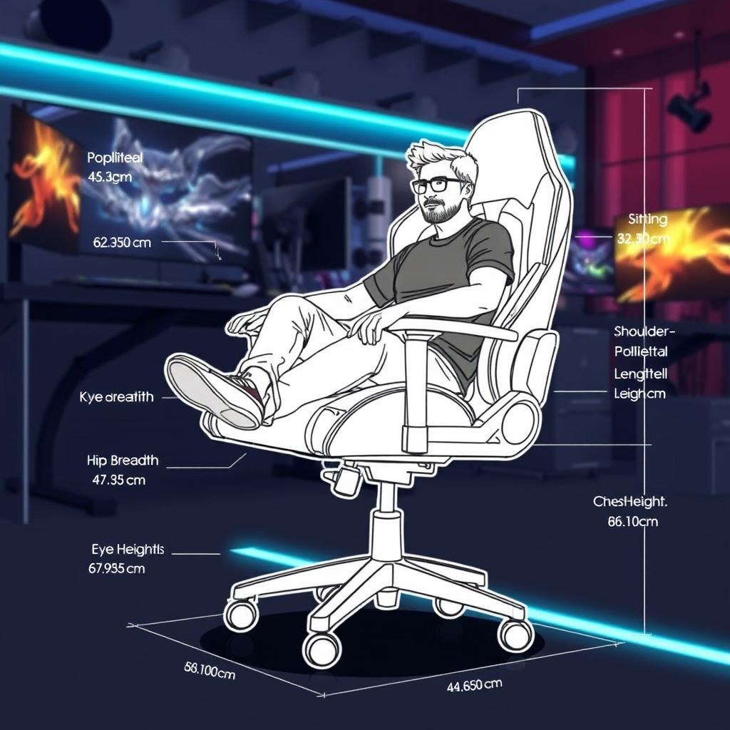 A sketch of a gaming chair featuring adjustable wheels, designed with precise ergonomic dimensions labeled around it: Popliteal Height 42
