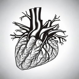 A high contrast, black and white vector-style illustration of coronary arteries on a white background. Maintain a simple, flat design and line art style without any use of colors.