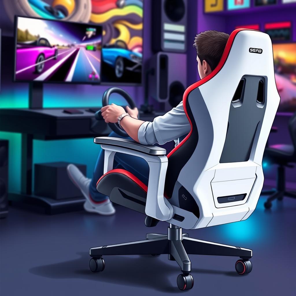 A detailed illustration of a modern gaming chair designed specifically for driving games