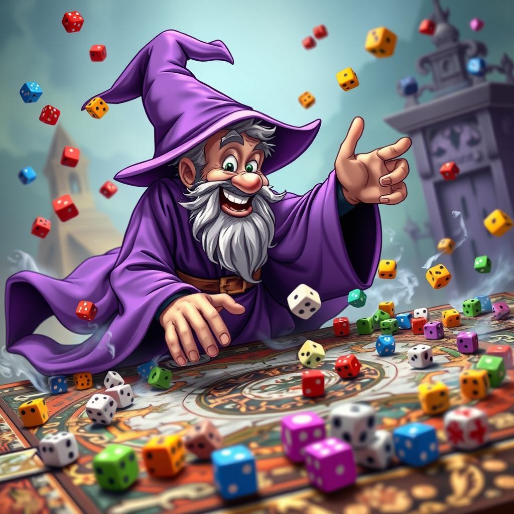 An energetic wizard in a flowing purple robe, fully immersed in a board game, surrounded by an array of colorful dice scattered all around