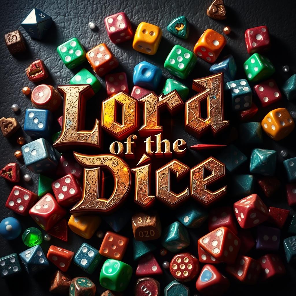 A dramatic and captivating design featuring the text 'Lord of the Dice' prominently displayed in a bold, fantasy-inspired font