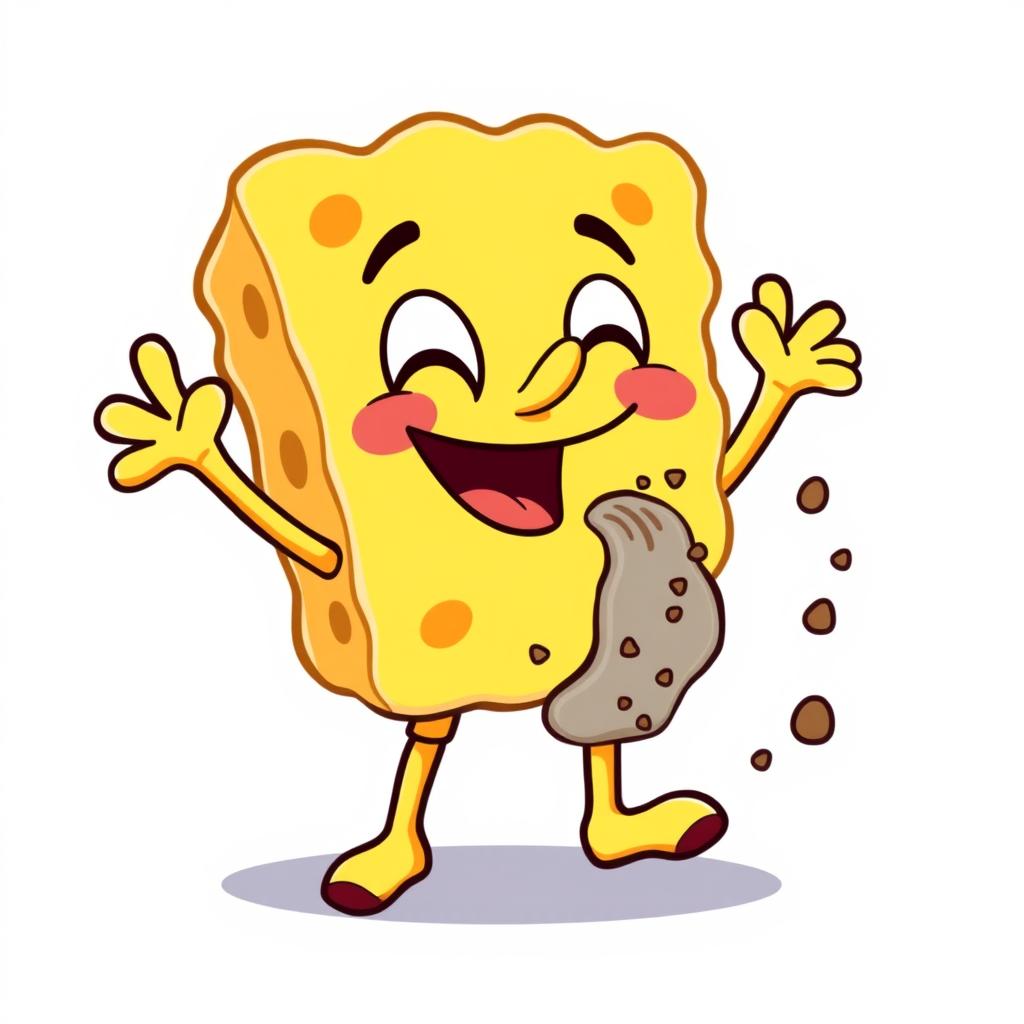 A cartoon sponge character enthusiastically absorbing dirt with a cheerful expression