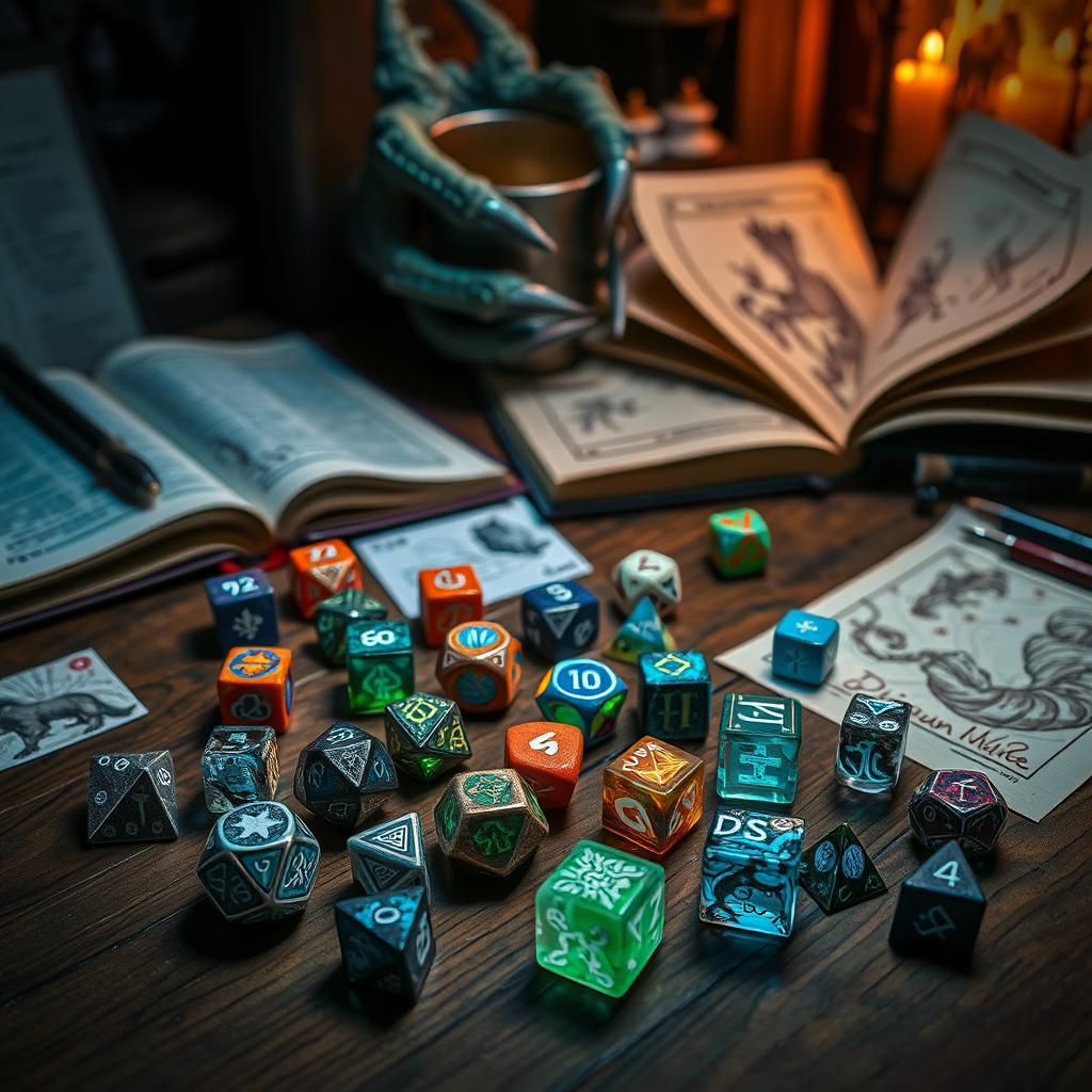 A fantasy-themed tabletop gaming scene featuring a variety of colorful and intricately designed dice scattered across a wooden table