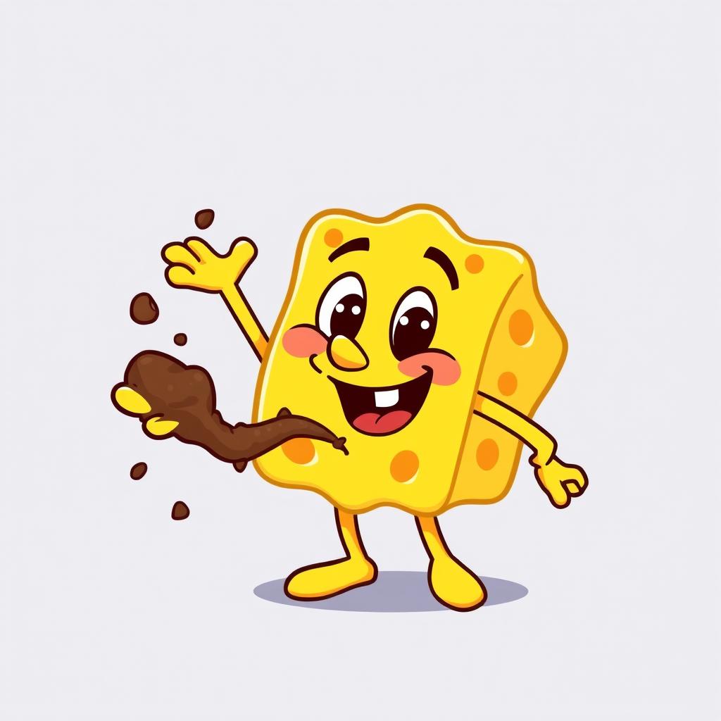 A cartoon sponge character joyfully absorbing dirt, featuring a bright yellow color and a bumpy texture to highlight its absorbent nature