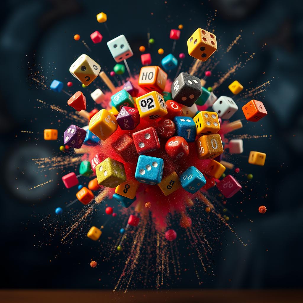 A vibrant and dynamic scene depicting a spectacular explosion of various colorful dice, including D20, D12, D10, D8, D6, and D4, bursting outwards in a dramatic array