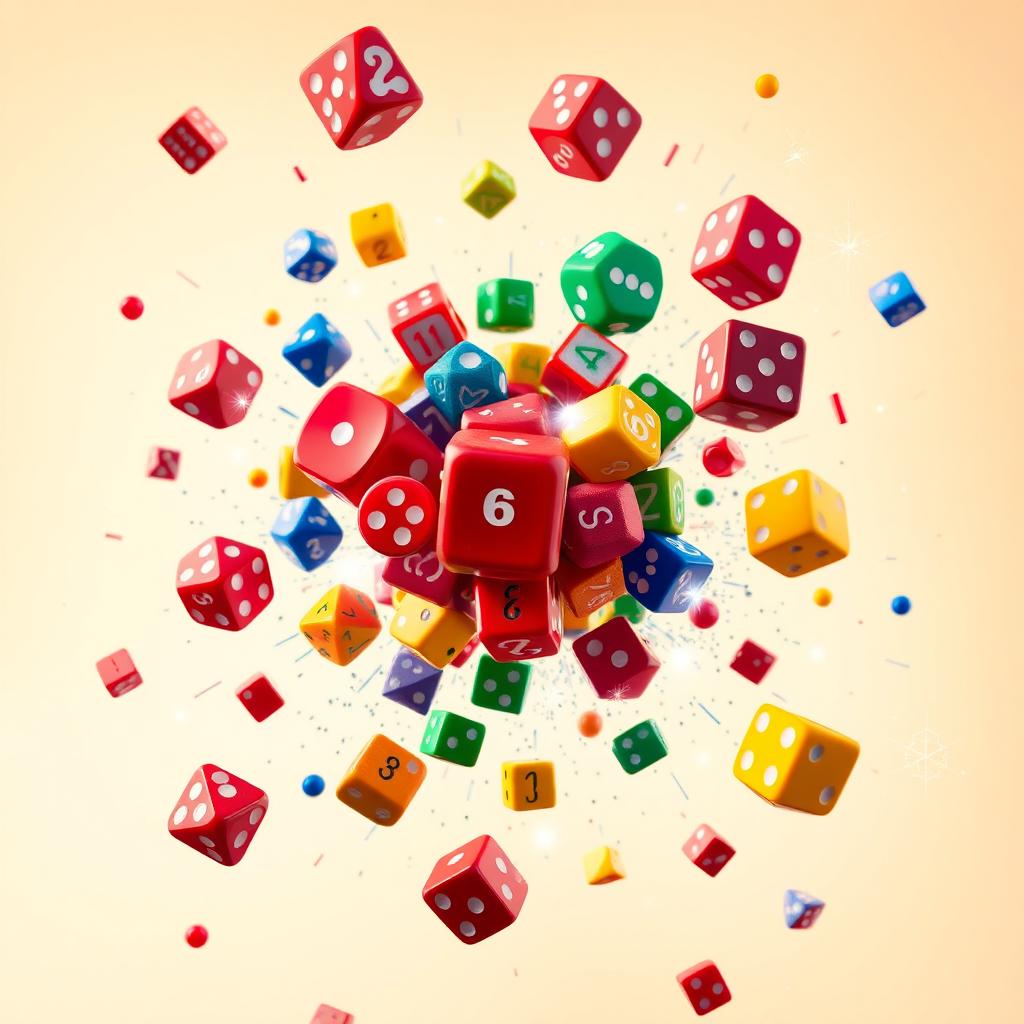 A lively and colorful explosion of various types of dice, including D20, D12, D10, D8, D6, and D4, bursting outward against a light, soft-colored background