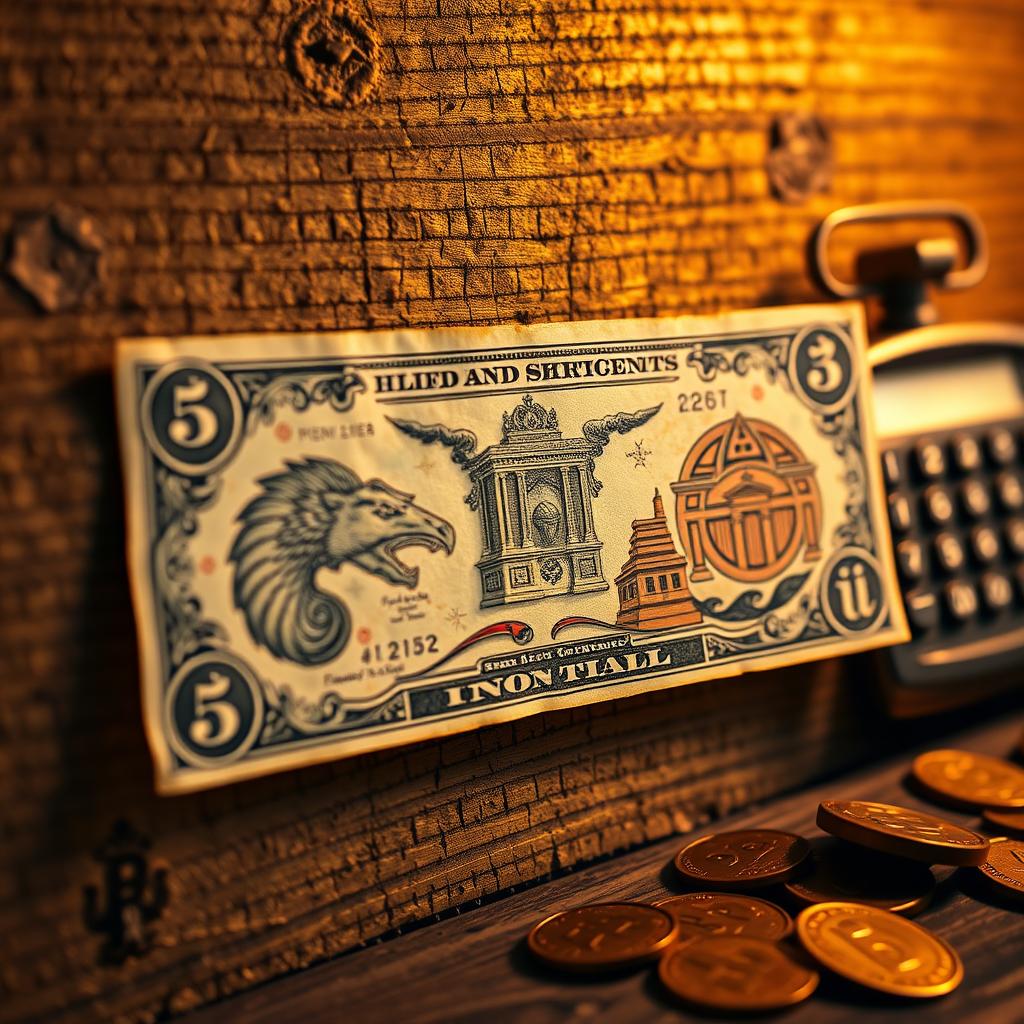 A close-up view of an artistic bill displayed against a textured, aged wooden surface