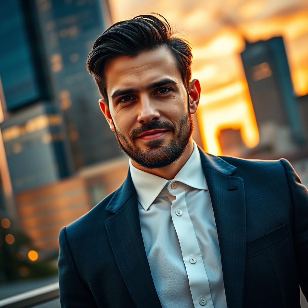A stylish portrait of a man named Colin Tarrant, depicted as a charismatic and confident individual in a sophisticated urban setting