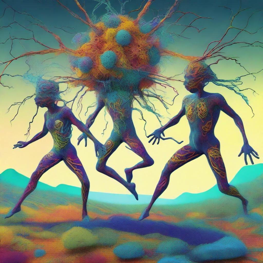 This is a detailed, surreal digital art piece, showing neuron-headed magnet dancers in the act of escaping